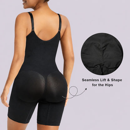 Black shapewear bodysuit back view with smoothing coverage over the hips and thighs