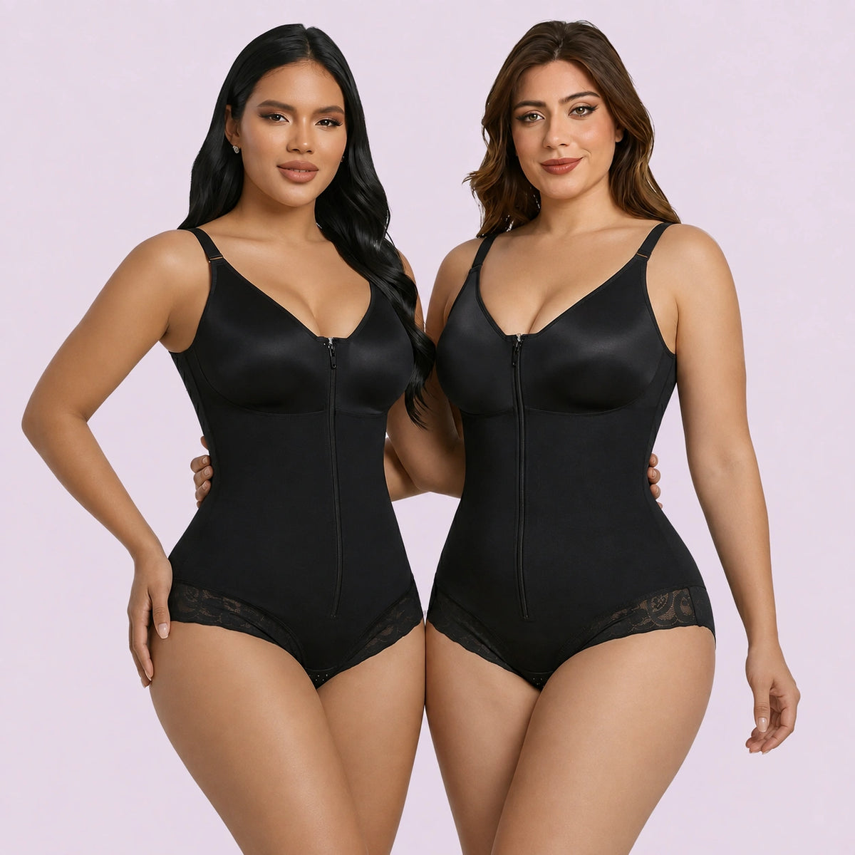 Black full body shapewear for women with zip front design and lace leg coverage