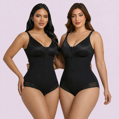 Black full body shapewear for women with zip front design and lace leg coverage