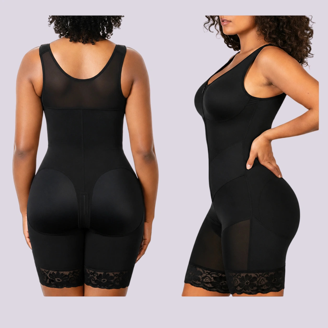Black shapewear bodysuit shown in back and side view with butt lifting support and body contouring fit