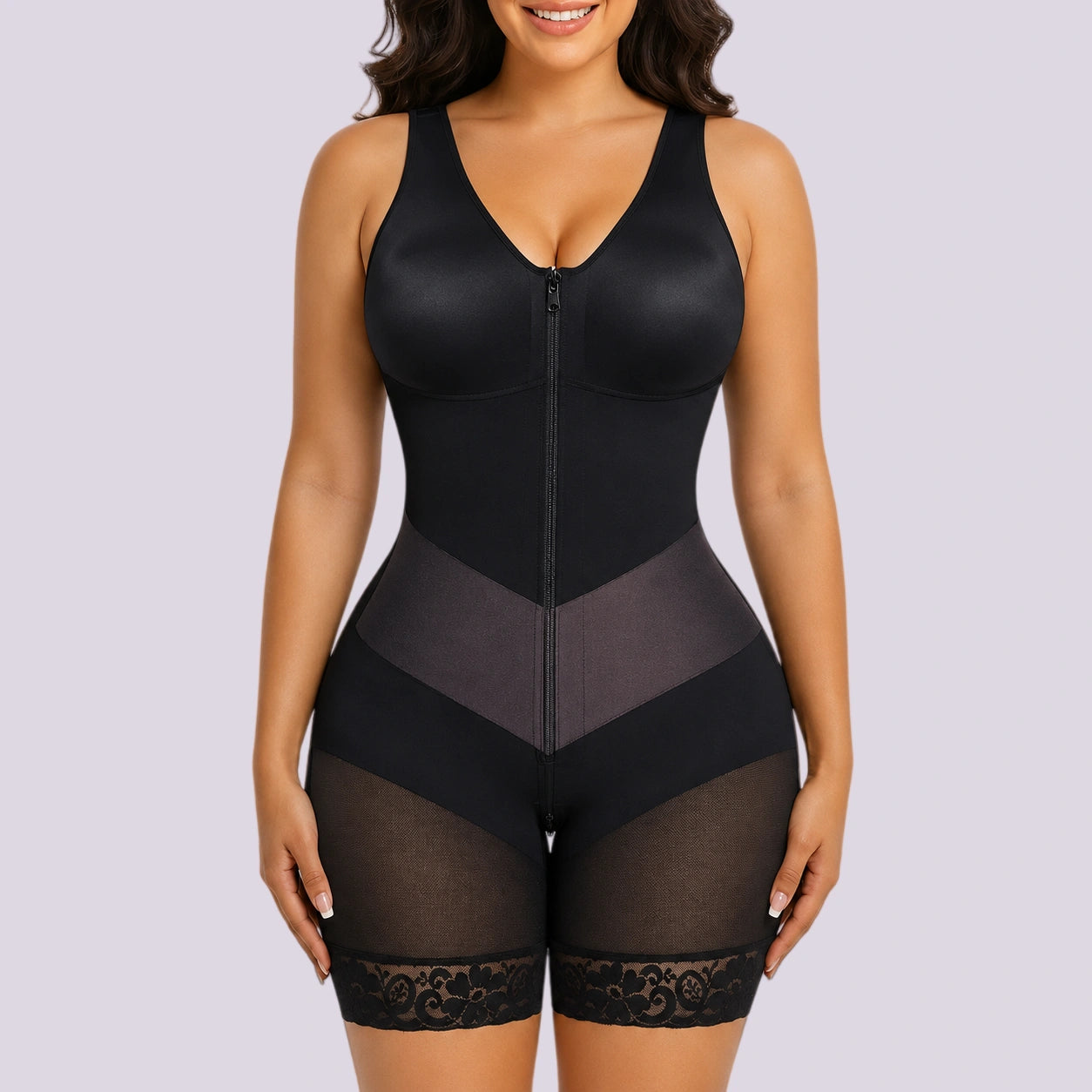 Black tummy control shapewear bodysuit with front zipper waist shaping and thigh smoothing
