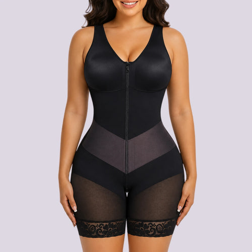 Black tummy control shapewear bodysuit with front zipper waist shaping and thigh smoothing