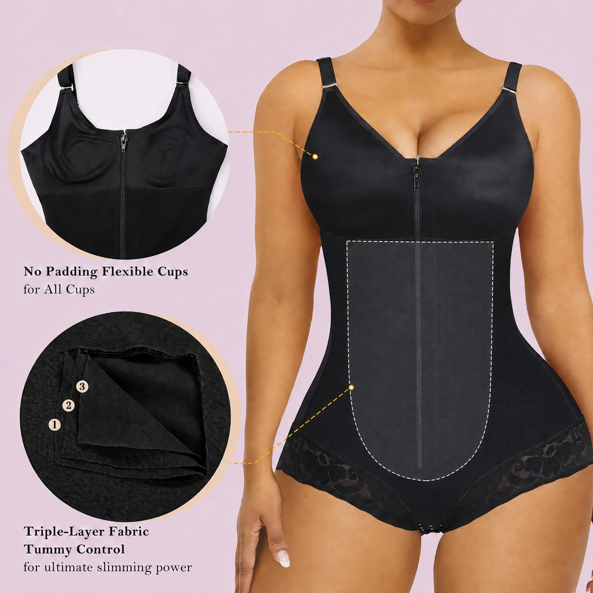 Black tummy control shapewear bodysuit with flexible cups and triple layer compression