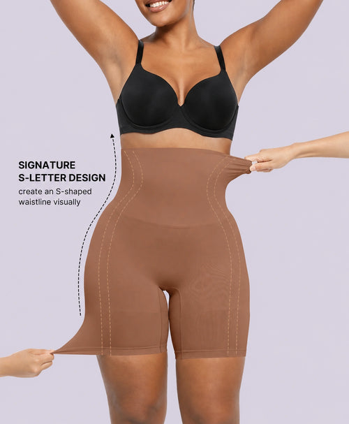 Brown high waist shapewear shorts with tummy control and stretchy sculpting fabric