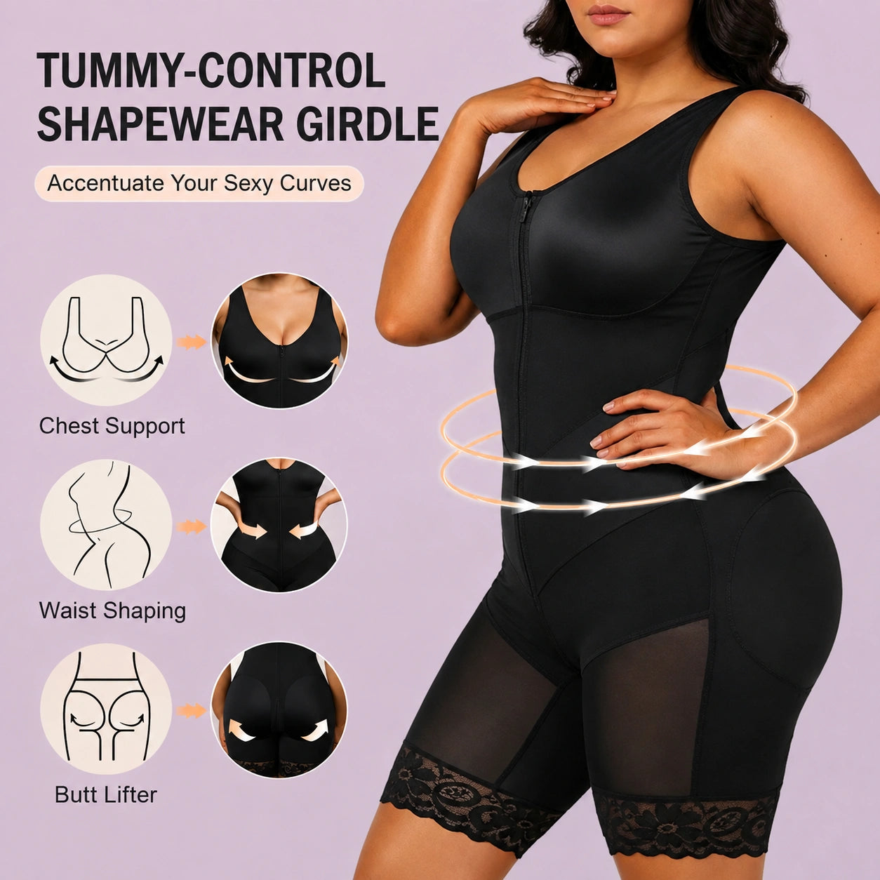 Black butt lifting shapewear girdle with chest support waist shaping and tummy control
