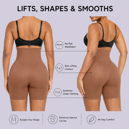 Butt shaping and thigh smoothing shapewear shorts with no roll high waist support