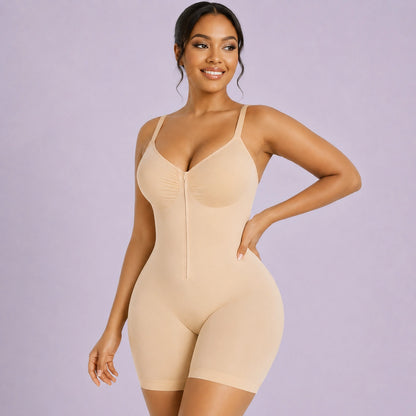 Beige full body shapewear for women with waist hip and upper thigh shaping