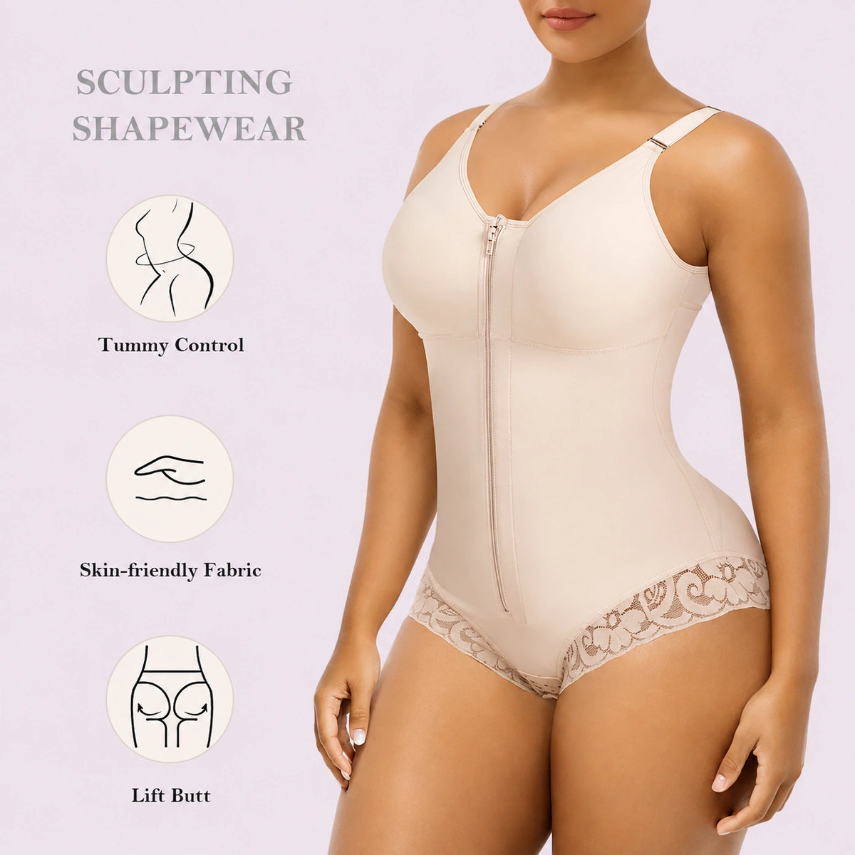 High compression shaping bodysuit with front zipper bust support and tummy control