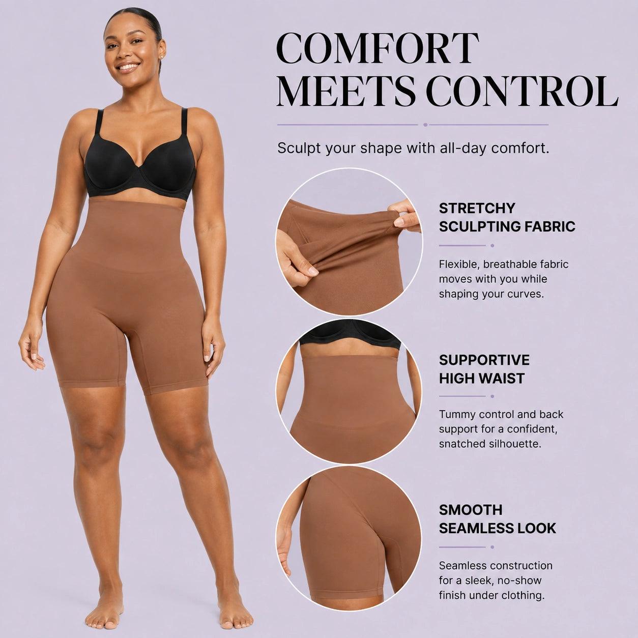 Seamless sculpting shapewear shorts with breathable stretch fabric and high waist support
