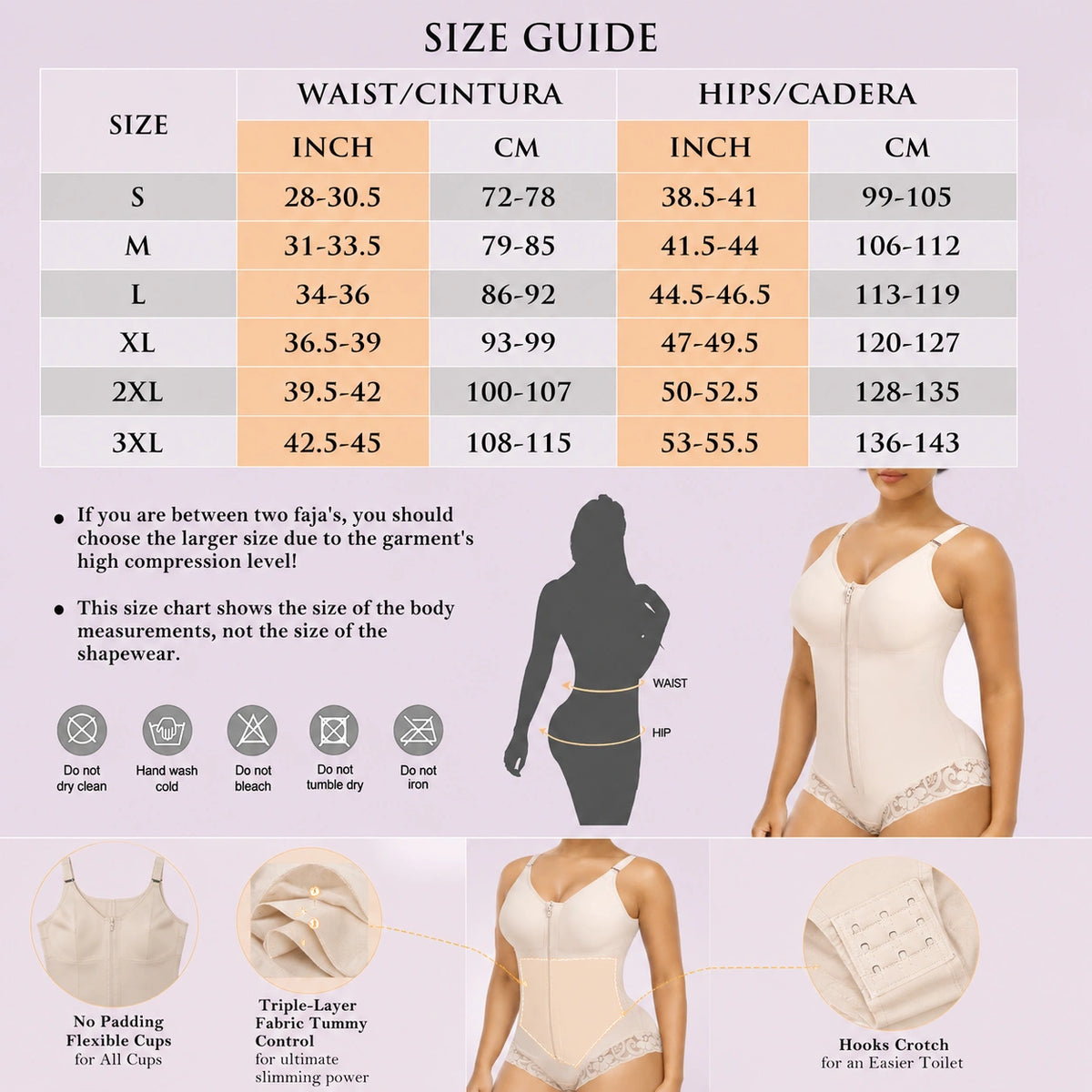 Women's shapewear bodysuit size guide with waist and hip measurements from S to 3XL