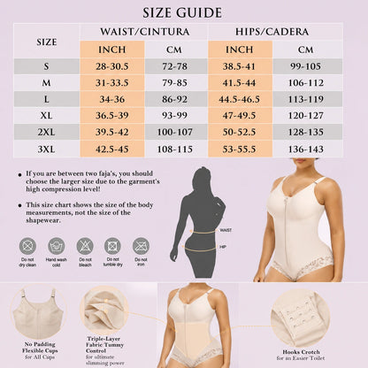 Women's shapewear bodysuit size guide with waist and hip measurements from S to 3XL