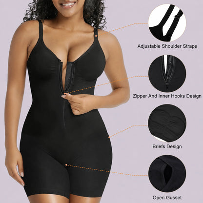 Black stretch shaping bodysuit with flexible fabric for comfortable body contouring