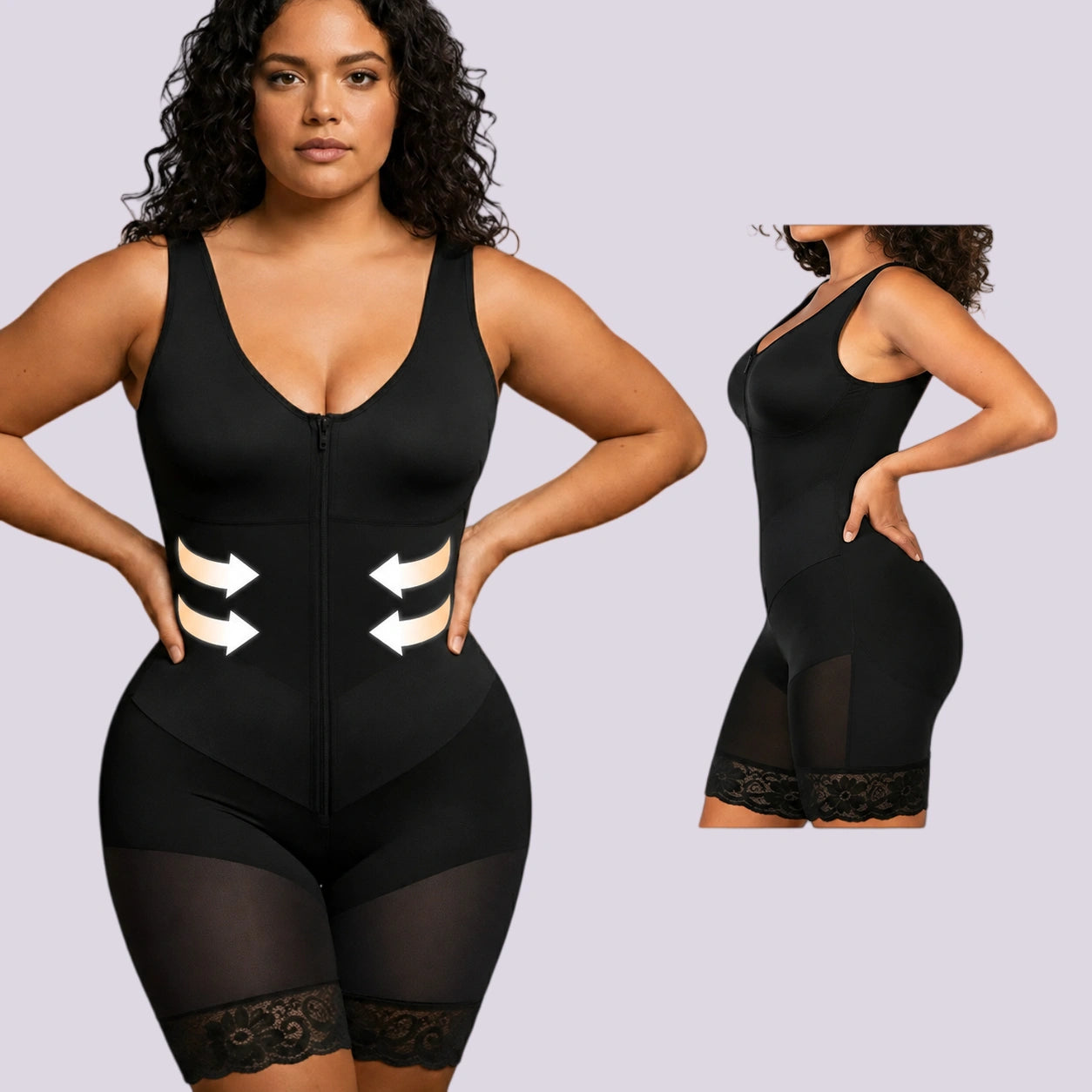 Black compression bodysuit with waist shaping tummy smoothing and targeted sculpting support