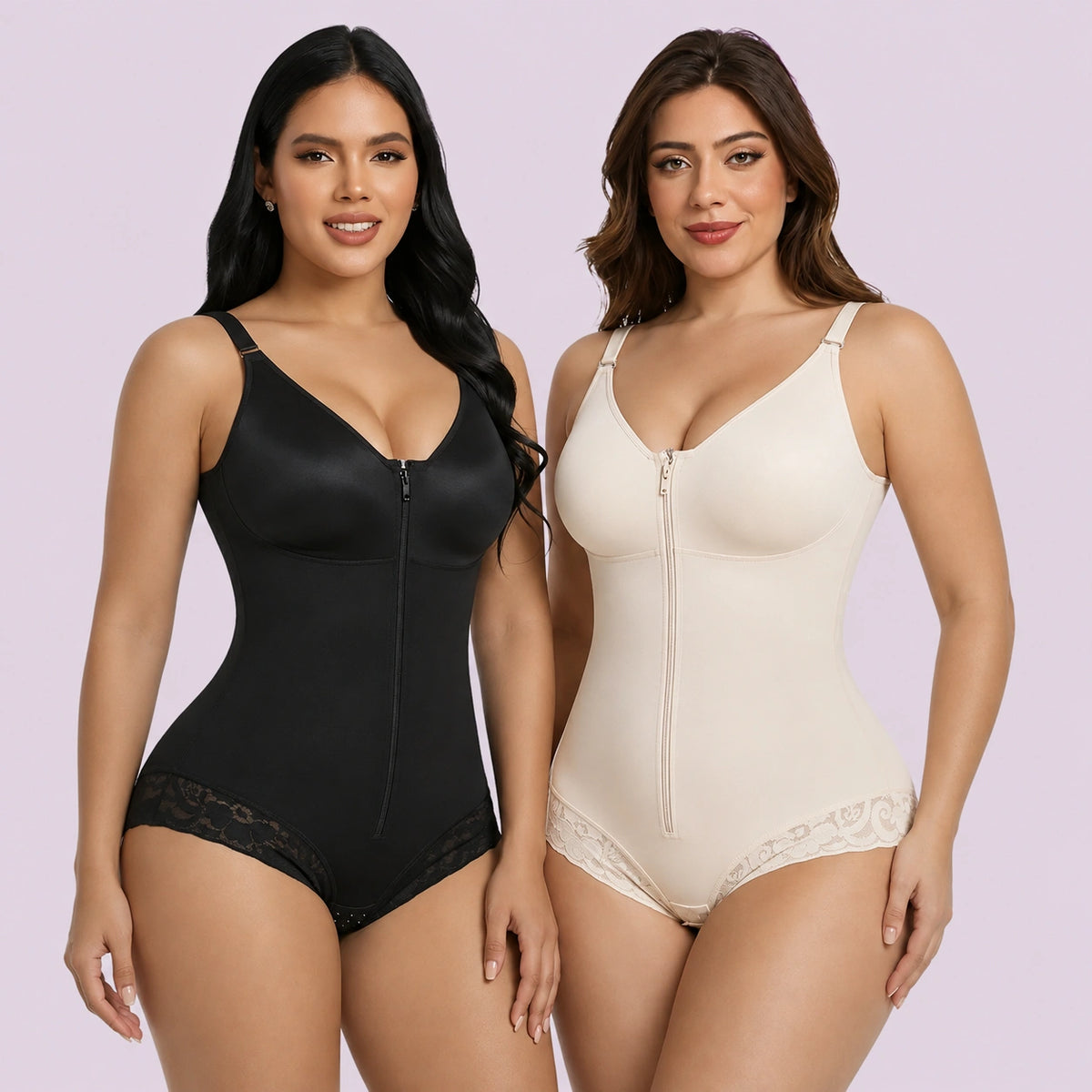 Women's compression shapewear bodysuit available in black and beige for full body smoothing