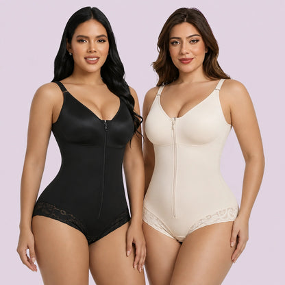Women's compression shapewear bodysuit available in black and beige for full body smoothing