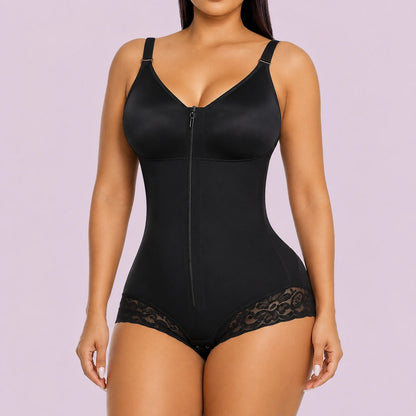 Black zip front body shaper with bust support waist shaping and tummy smoothing