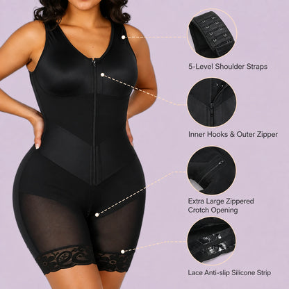 Zip front shapewear bodysuit with adjustable shoulder straps inner hooks crotch opening and anti slip lace trim